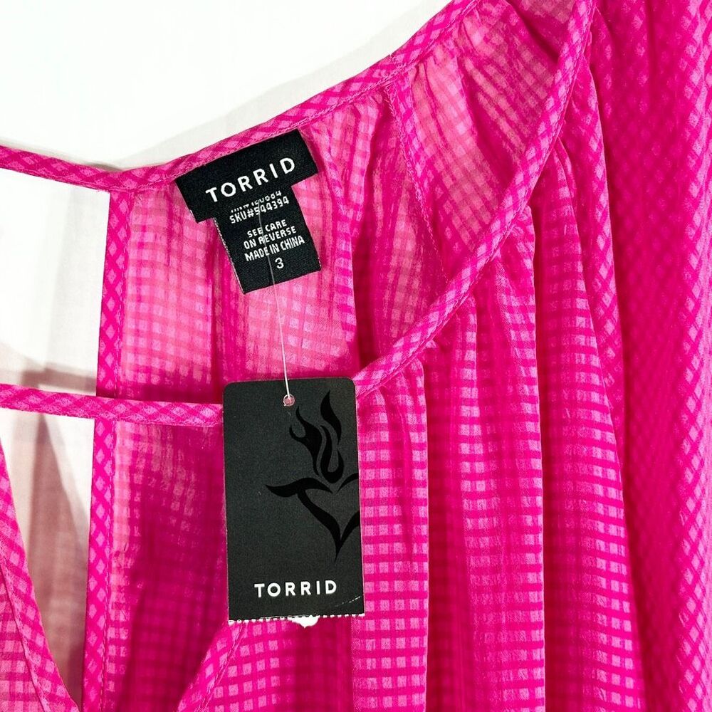 Torrid Plus Size 3X Top Hot Pink Woven Open‎ Back Semi Sheer Elastic NWT 571 - Picture 9 of 10